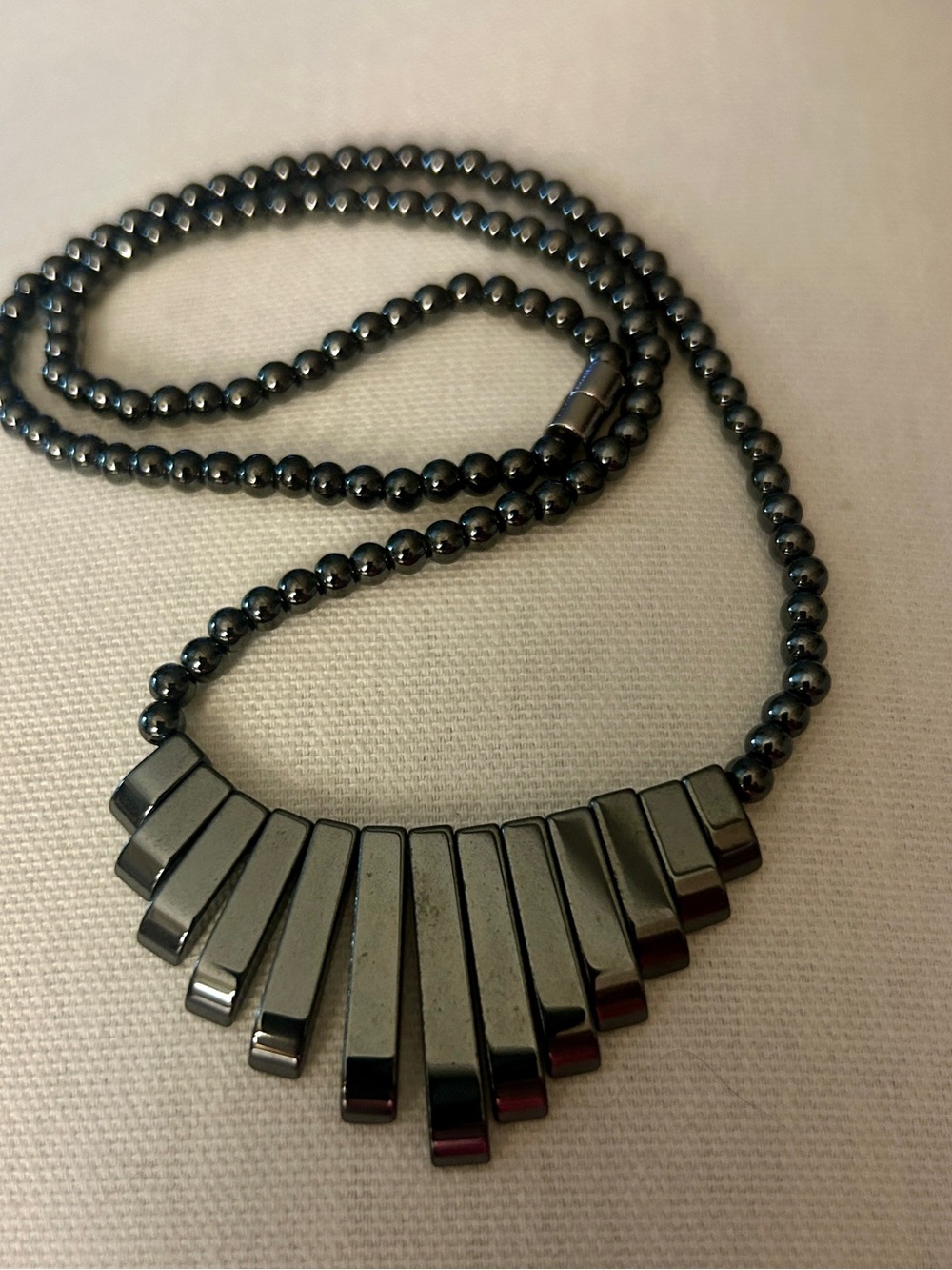 Polished Gemstone Hematite Bar Pendant Beaded Necklace -